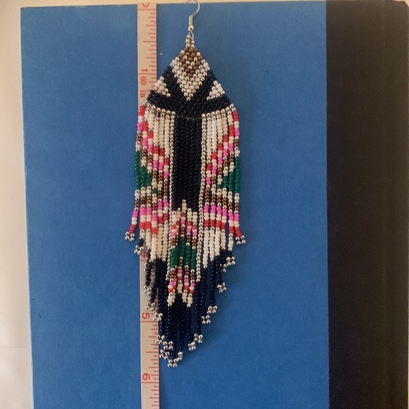 Handmade Long Beaded Tassel Earrings Large Native Bohemian - Picture 4 of 6